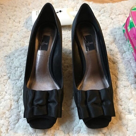 GLINT: 3" Black Satin Bow Peep Toe Heels - Picture 2 of 8